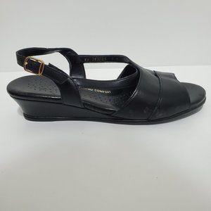 SAS Caress Cross Strap Wedge Sandal Black Leather